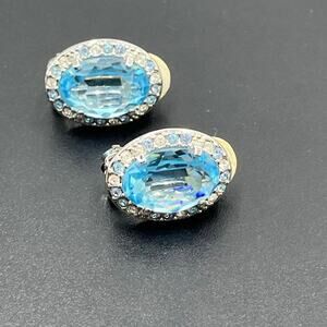 Swarovski Vintage Large‎ Oval Blue Topaz Crystal Prong Set Halo Clip On Earrings